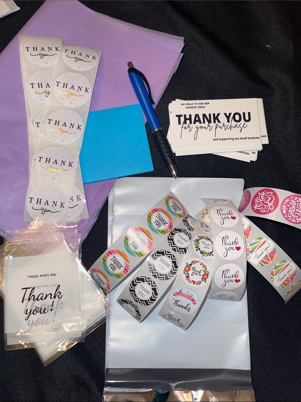 Thank You Stickers, Poly mailers, Thank you cards, small clear baggies Starter